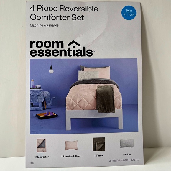 TWIN XL  4-pc PINK/GRAY REVERSIBLE COMFORTER WITH THROW BLANKET & PILLOW - Picture 2 of 6